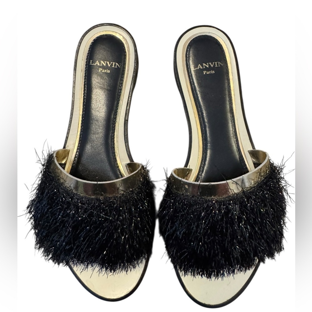 Lanvin Black and Gold Fur Slide Sandals Women’s Size 37
